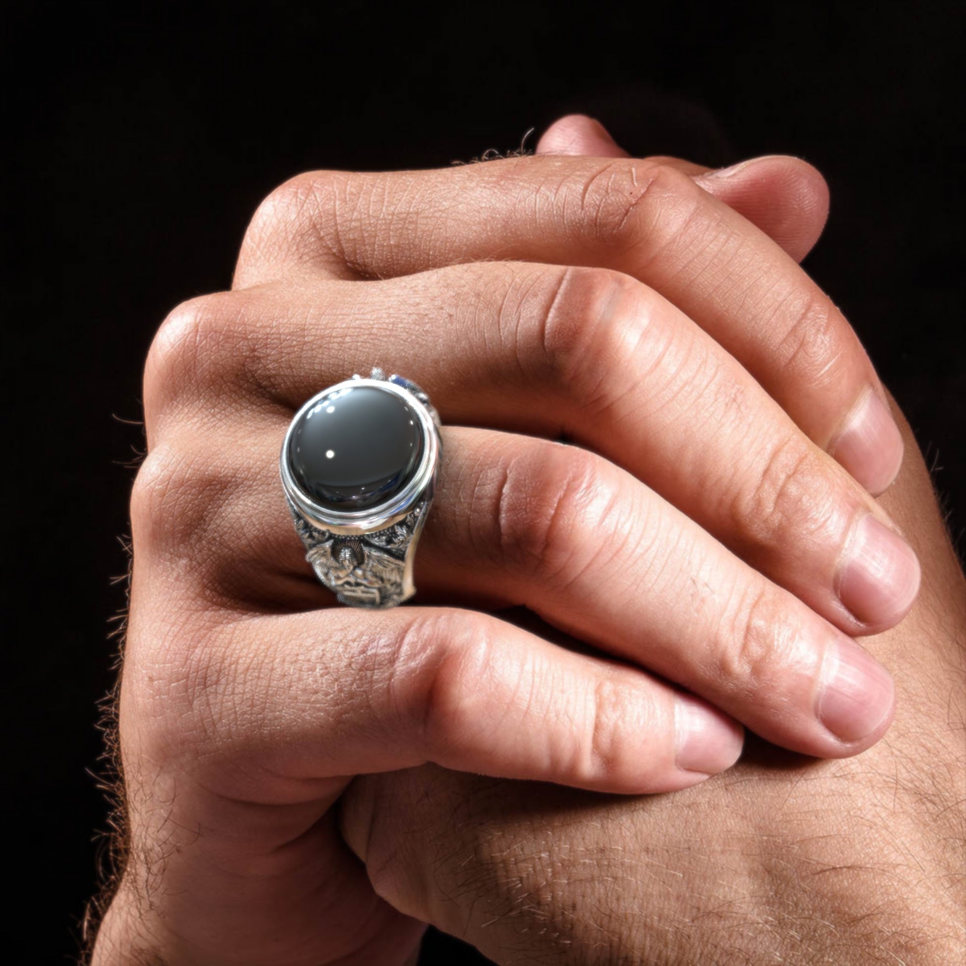 Archangel Michael Guardian Ring - 925 Sterling Silver & Black Onyx