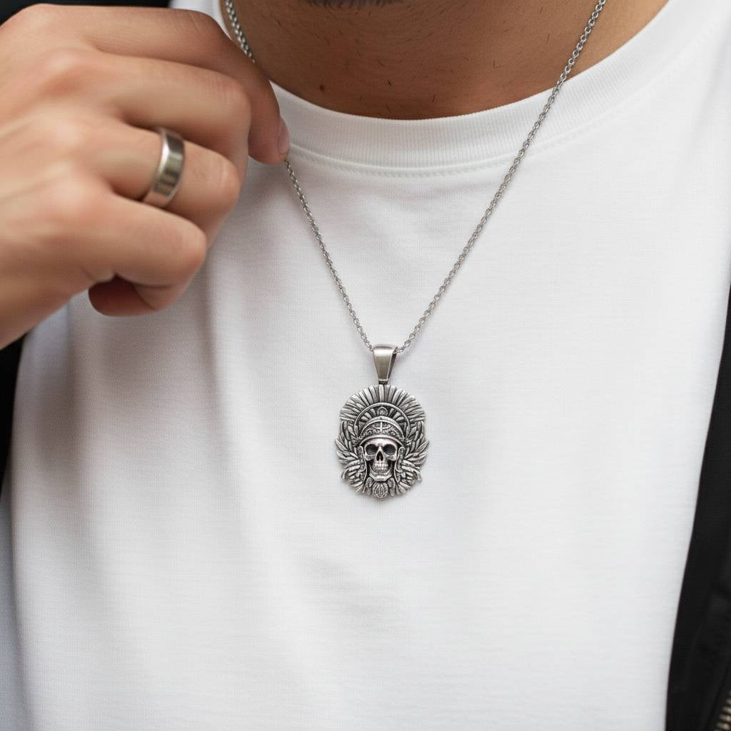 Vintage Men's Pendant Silver Skull & Wings Necklace
