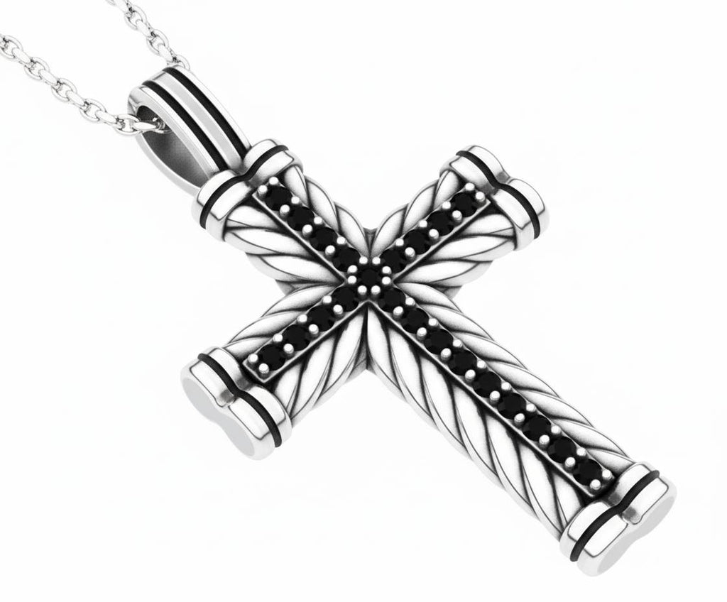 Silver Cross Necklace with Black Stones