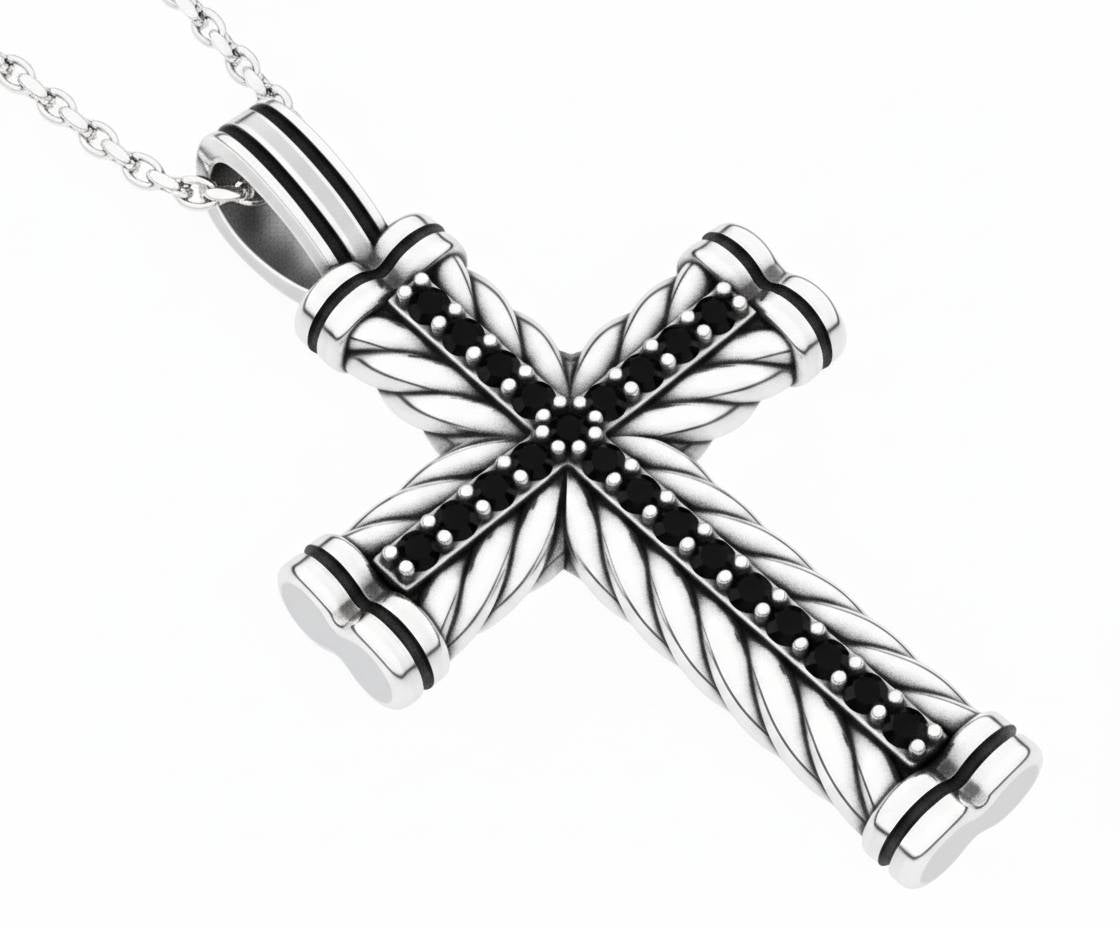Silver Cross Necklace with Black Stones