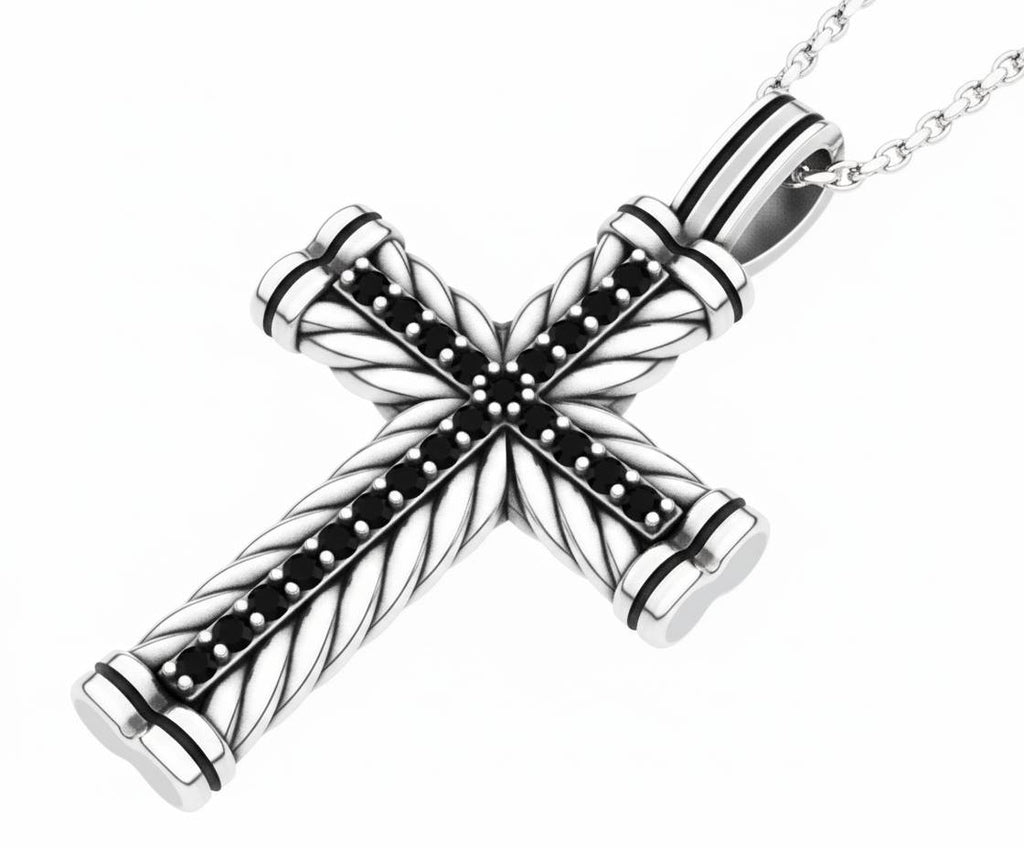 Silver Cross Necklace with Black Stones