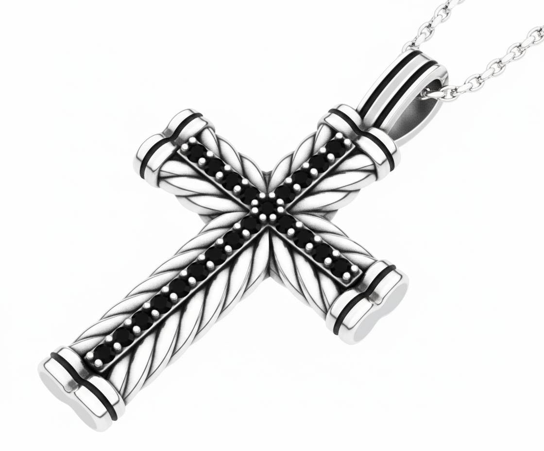 Silver Cross Necklace with Black Stones
