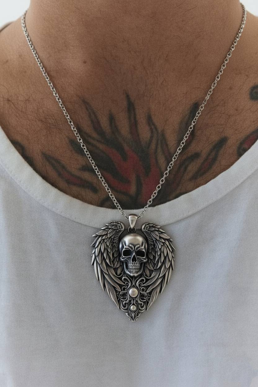 Sterling Silver Skull and Wings Pendant