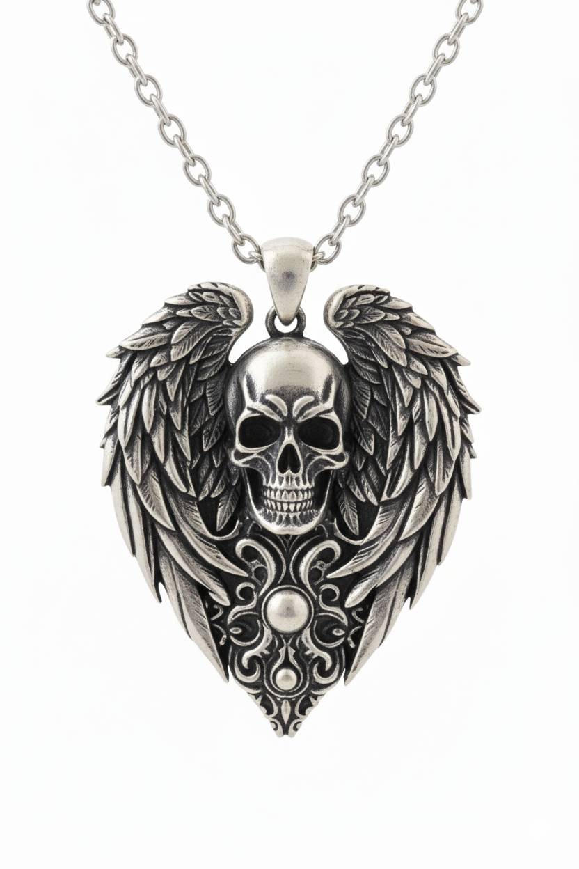 Sterling Silver Skull and Wings Pendant