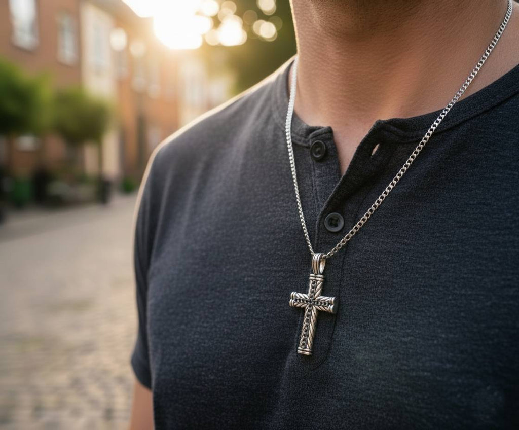 Silver Cross Necklace with Black Stones