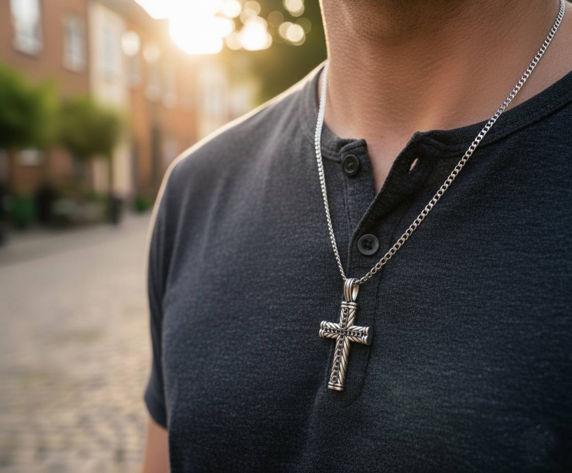 Silver Cross Necklace with Black Stones