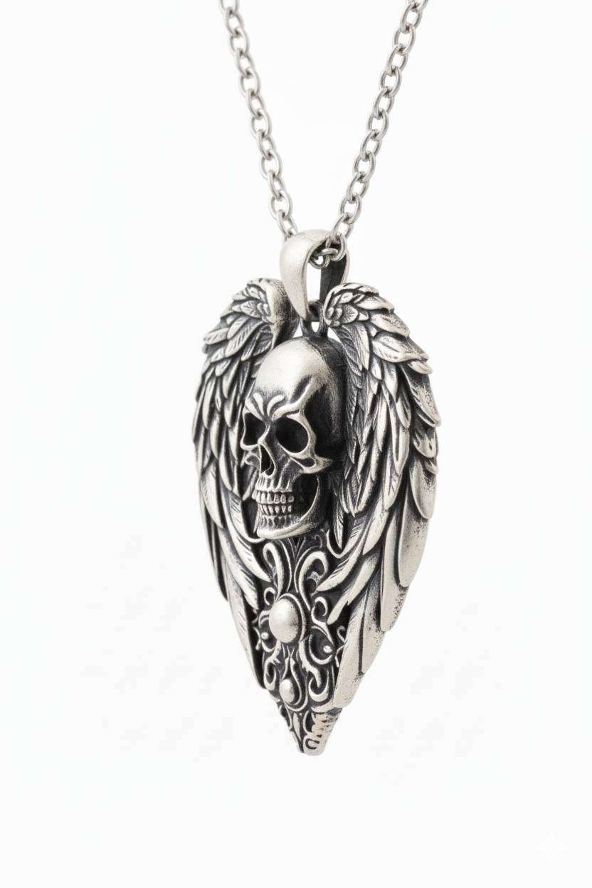 Sterling Silver Skull and Wings Pendant