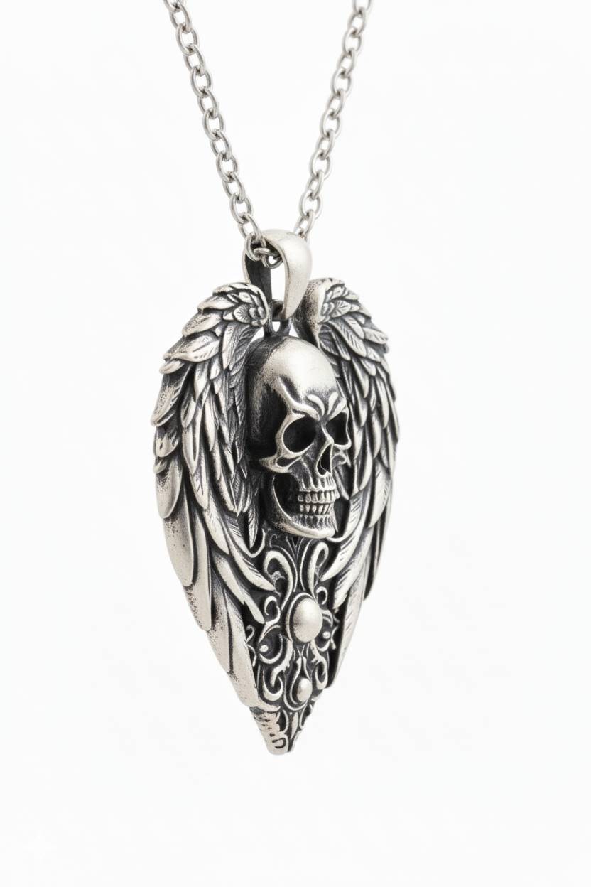 Sterling Silver Skull and Wings Pendant