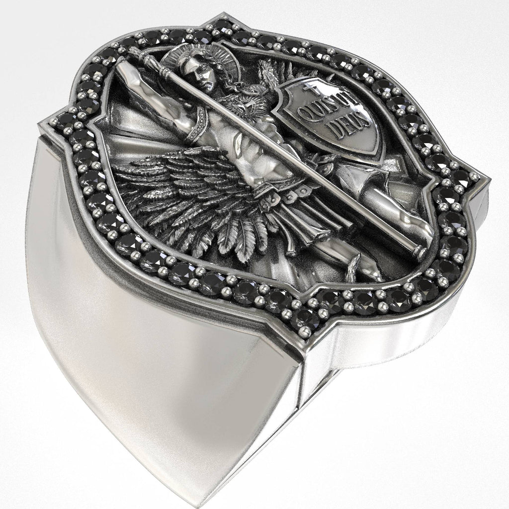 Divine Defender Saint Michael The Archangel Ring with Dark Zircons