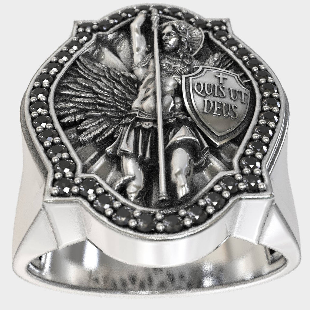 Divine Defender Saint Michael The Archangel Ring with Dark Zircons