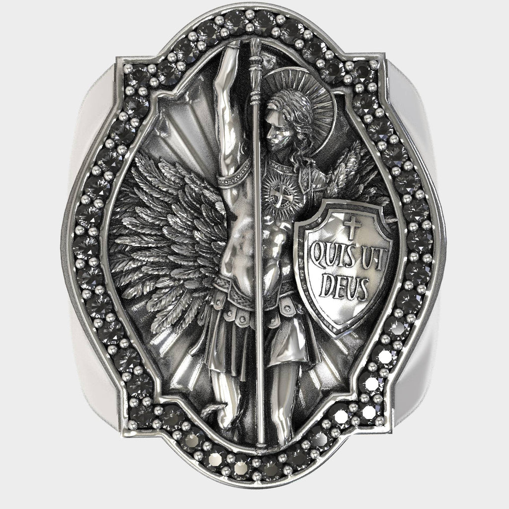 Divine Defender Saint Michael The Archangel Ring with Dark Zircons