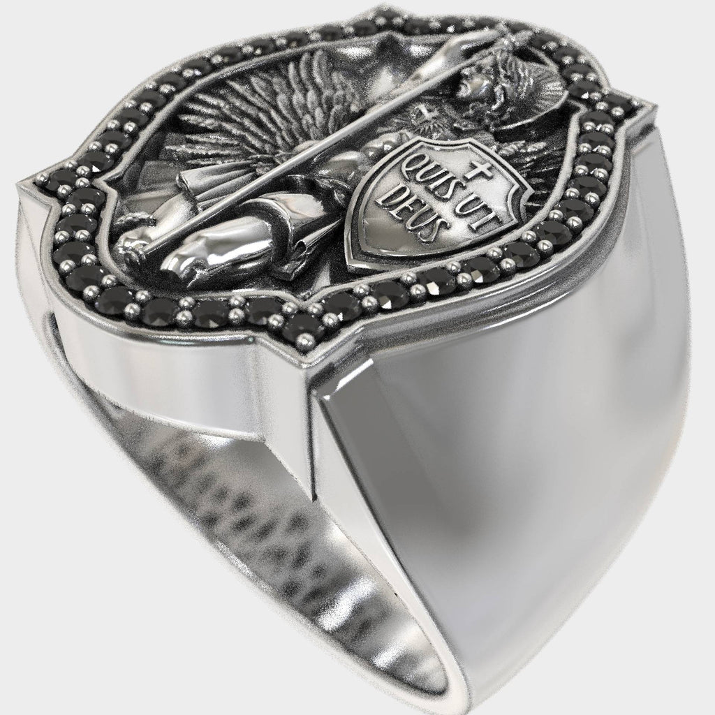 Divine Defender Saint Michael The Archangel Ring with Dark Zircons
