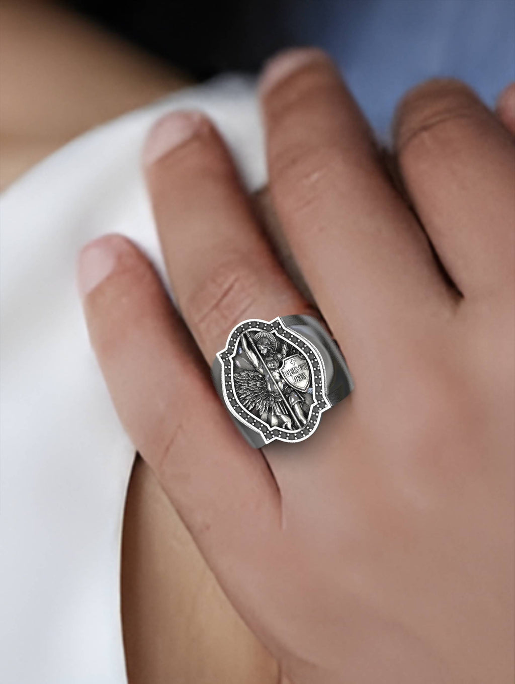 Divine Defender Saint Michael The Archangel Ring with Dark Zircons