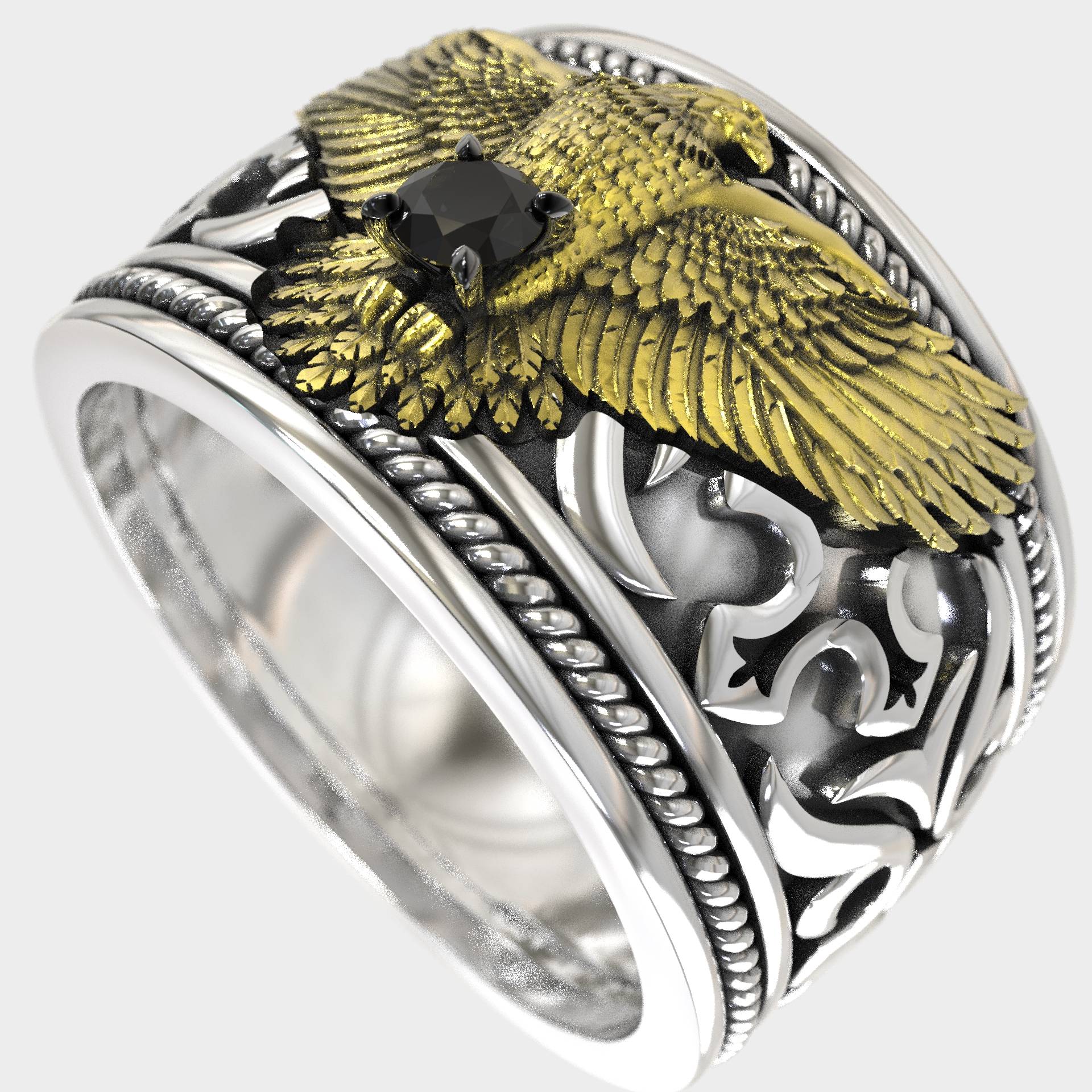 Sovereign Eagle Ring For Men With Black Diamond