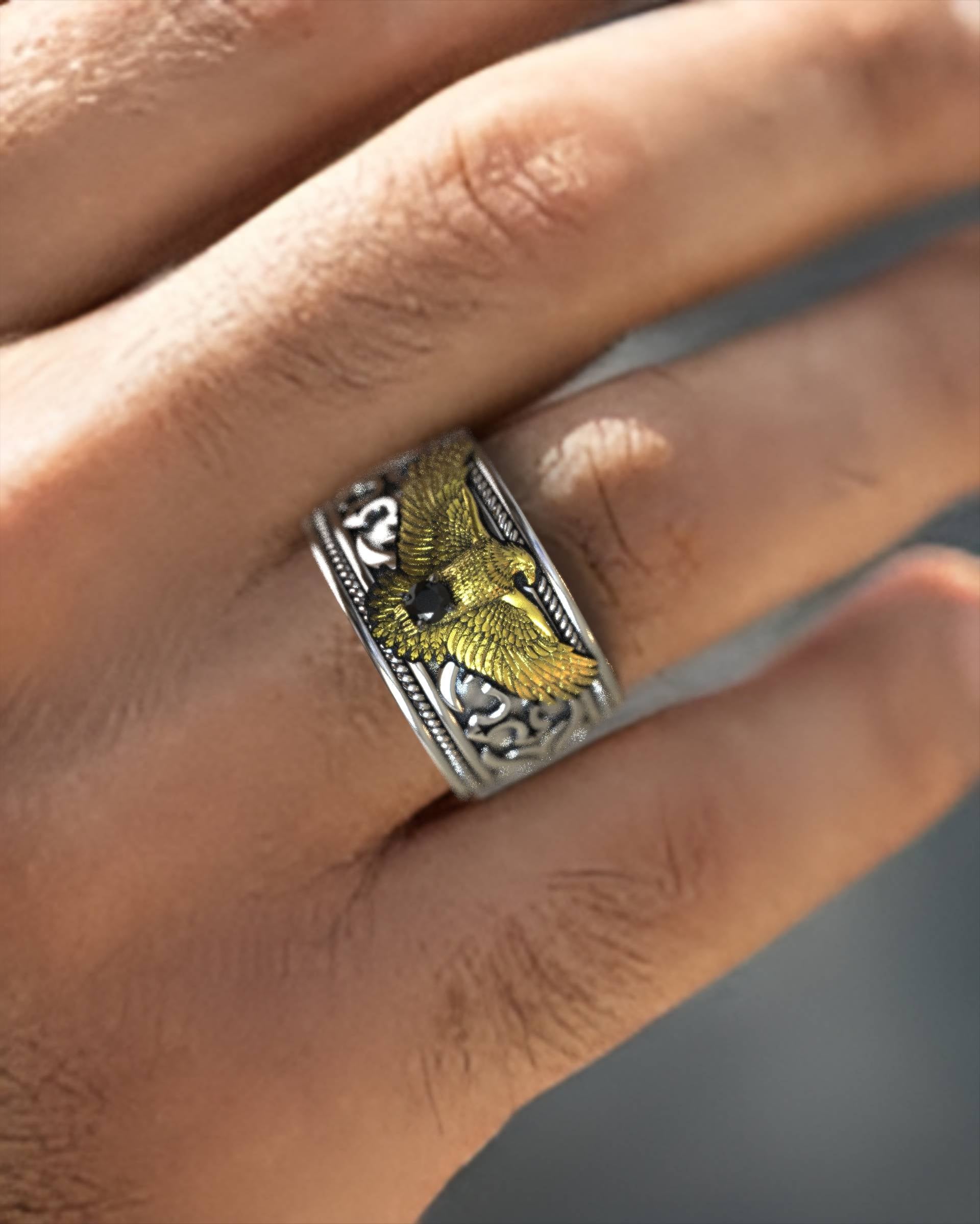 Sovereign Eagle Ring For Men With Black Diamond