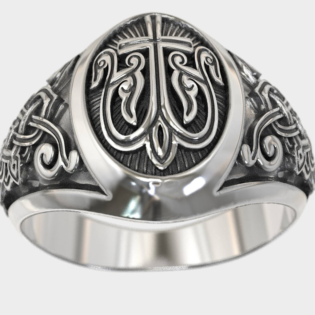Christian Silver Signet Ring with Cross & Celtic Motifs