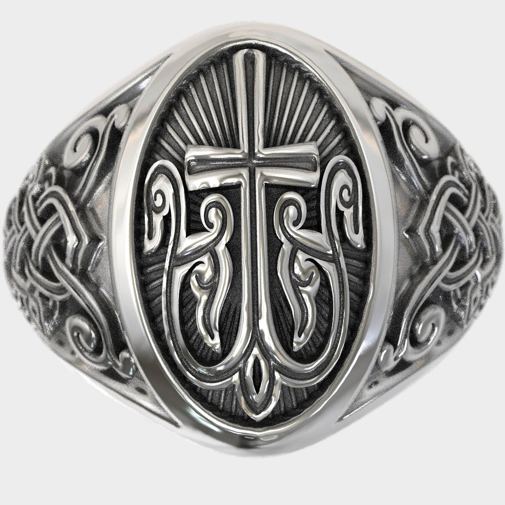 Christian Silver Signet Ring with Cross & Celtic Motifs