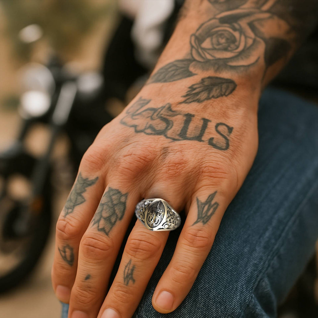 Christian Silver Signet Ring with Cross & Celtic Motifs