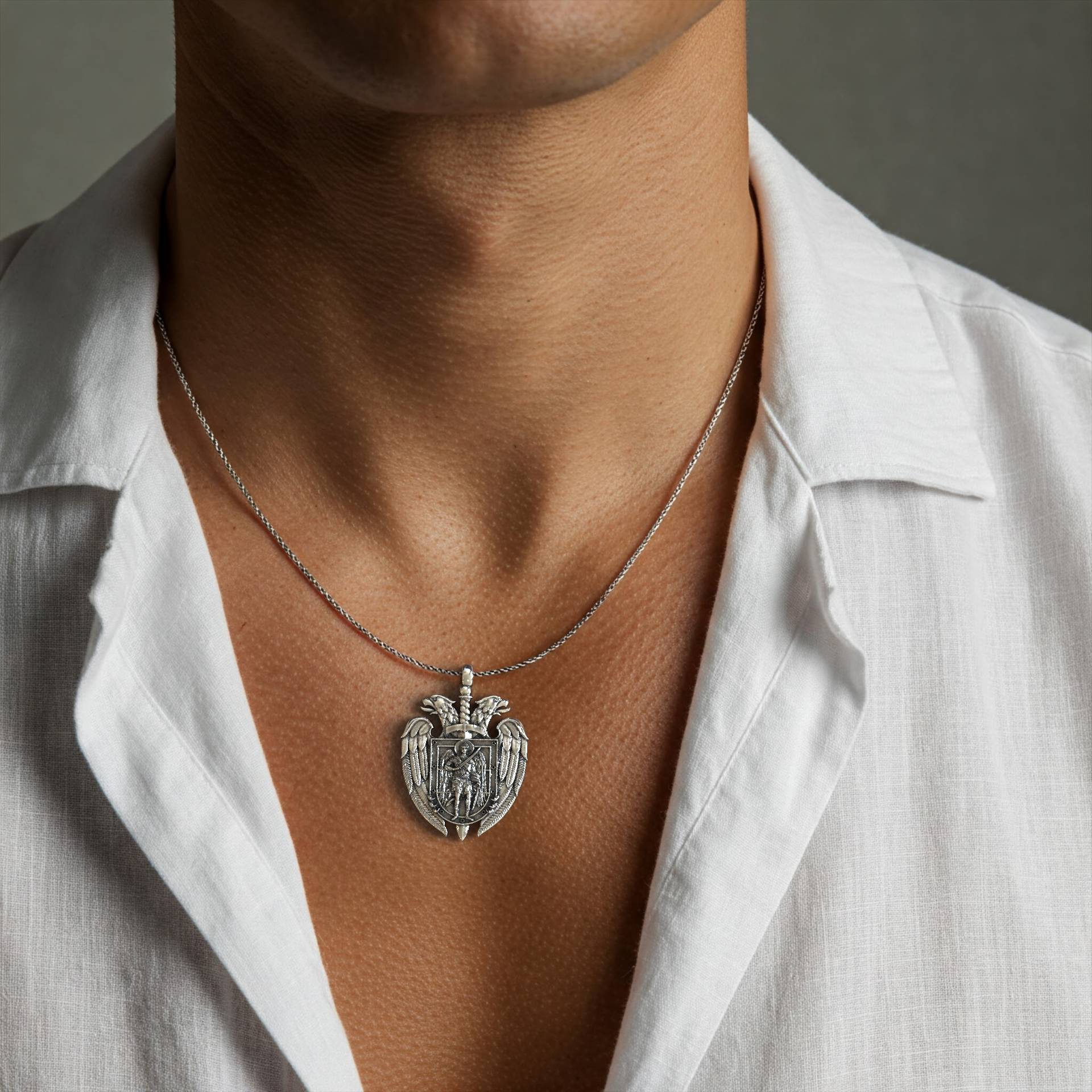 Mens Pendant Archangel Michael & Byzantine Crest