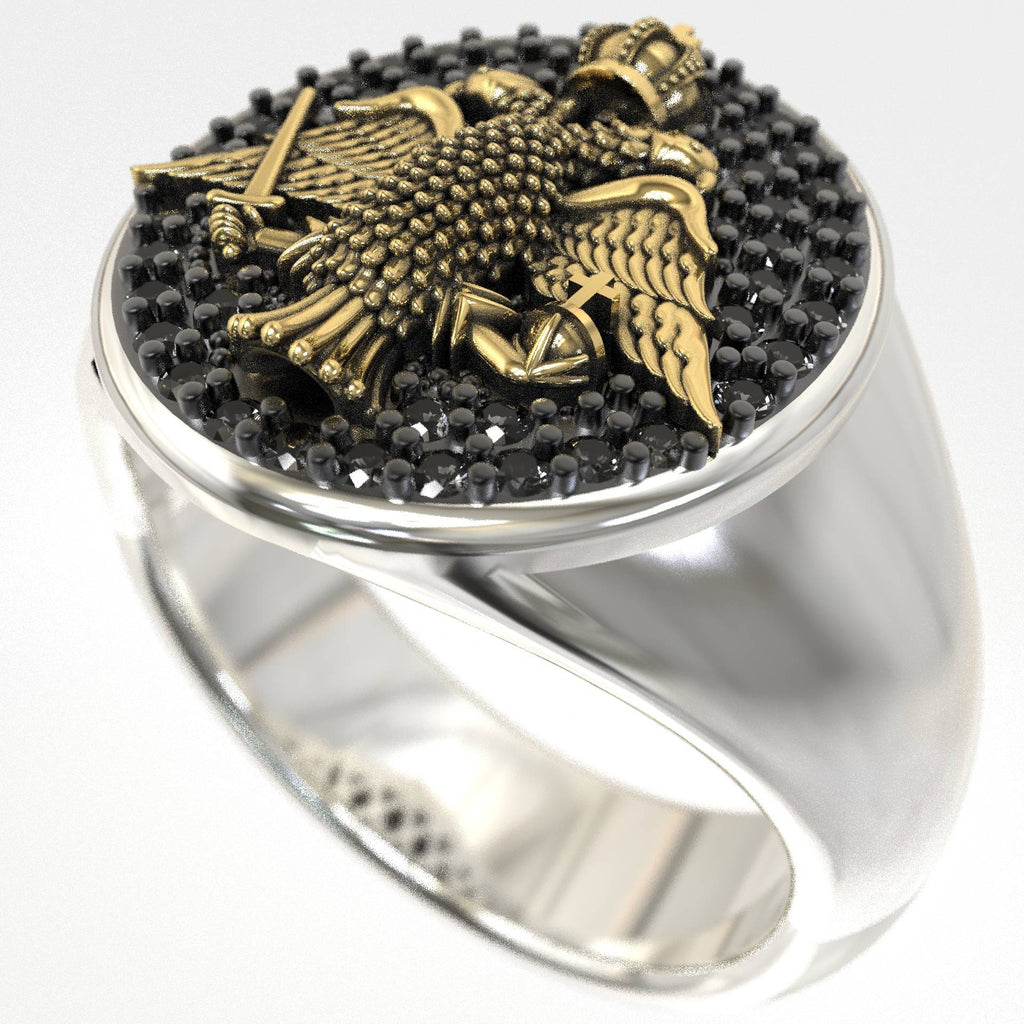 Signet Crest Ring Double Eagle in Gold & Black Diamonds