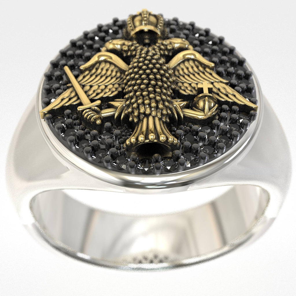Signet Crest Ring Double Eagle in Gold & Black Diamonds