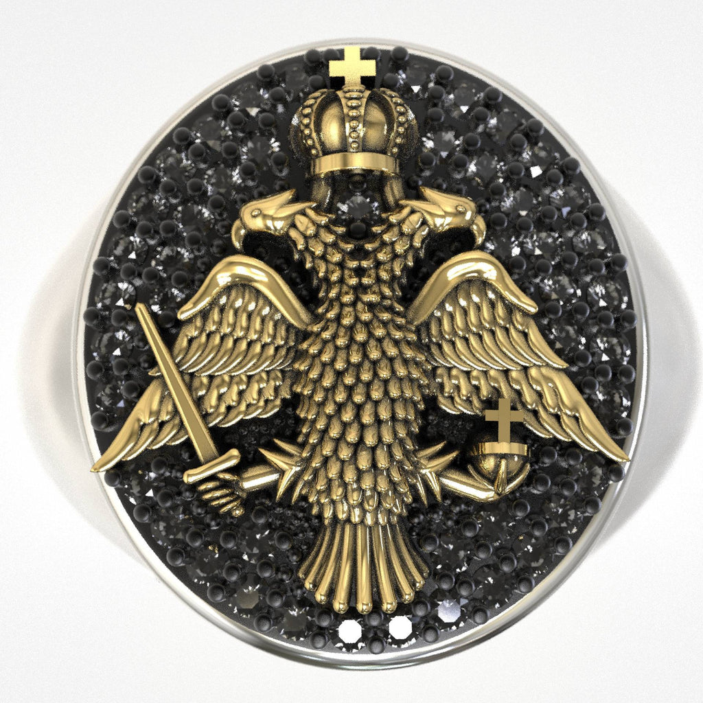 Signet Crest Ring Double Eagle in Gold & Black Diamonds