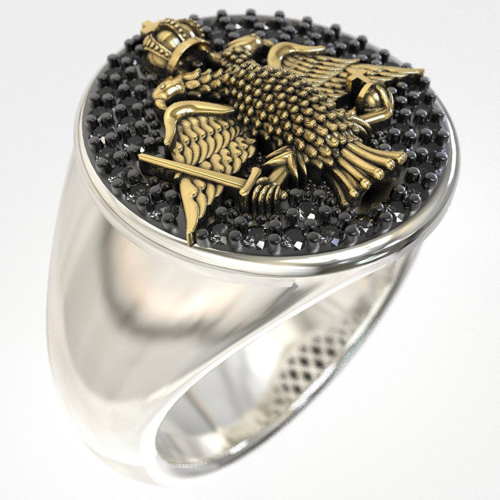 Signet Crest Ring Double Eagle in Gold & Black Diamonds
