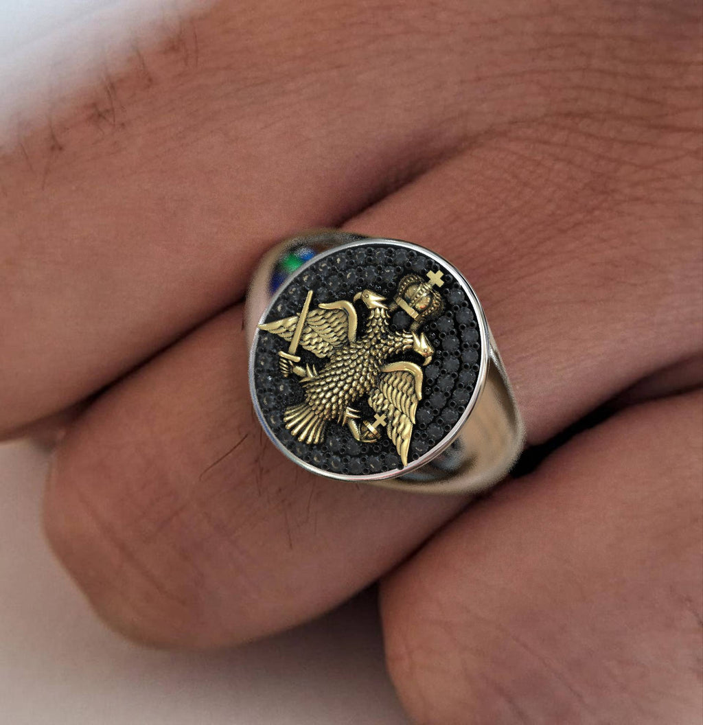 Signet Crest Ring Double Eagle in Gold & Black Diamonds