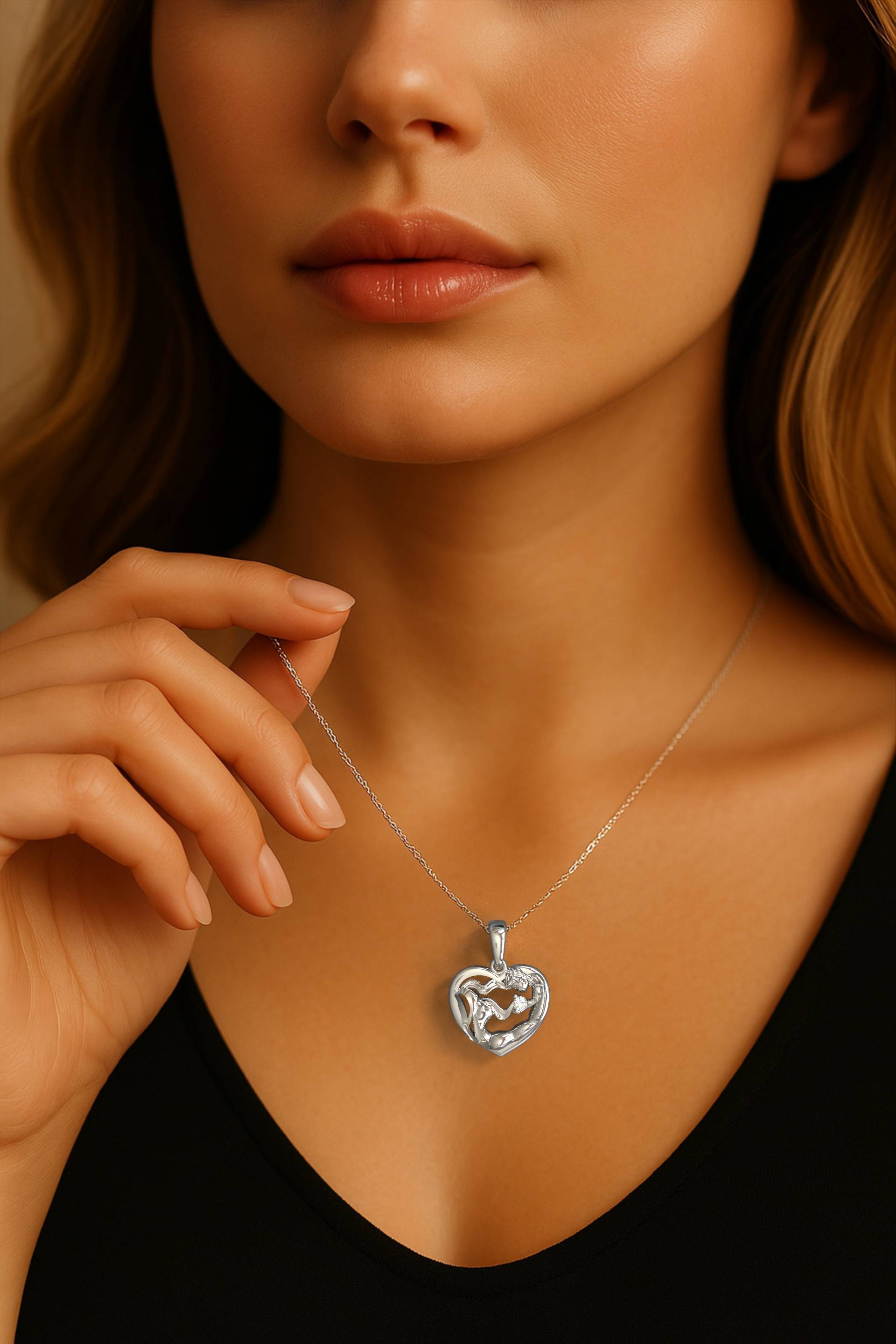 Mom & Baby Heart Necklace with Zircon - 925 Silver
