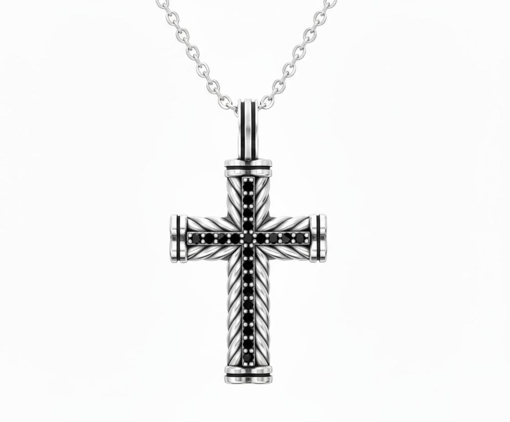 Silver Cross Necklace with Black Stones