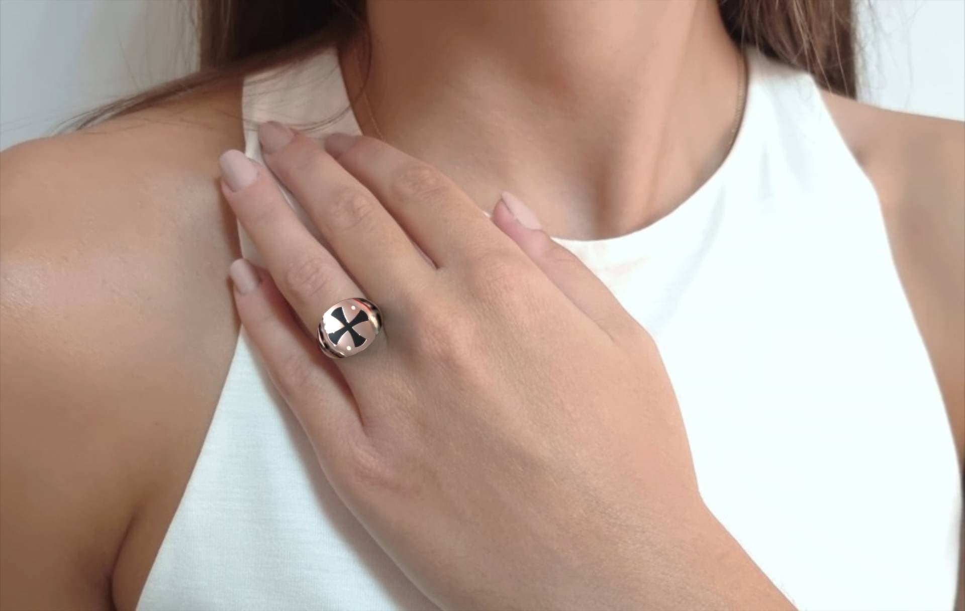 Women's Black Enamel  Cross Chevalier Ring