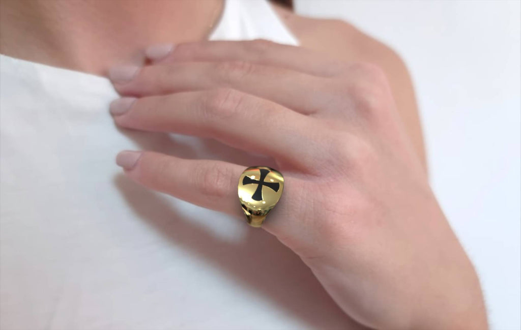 Women's Black Enamel  Cross Chevalier Ring