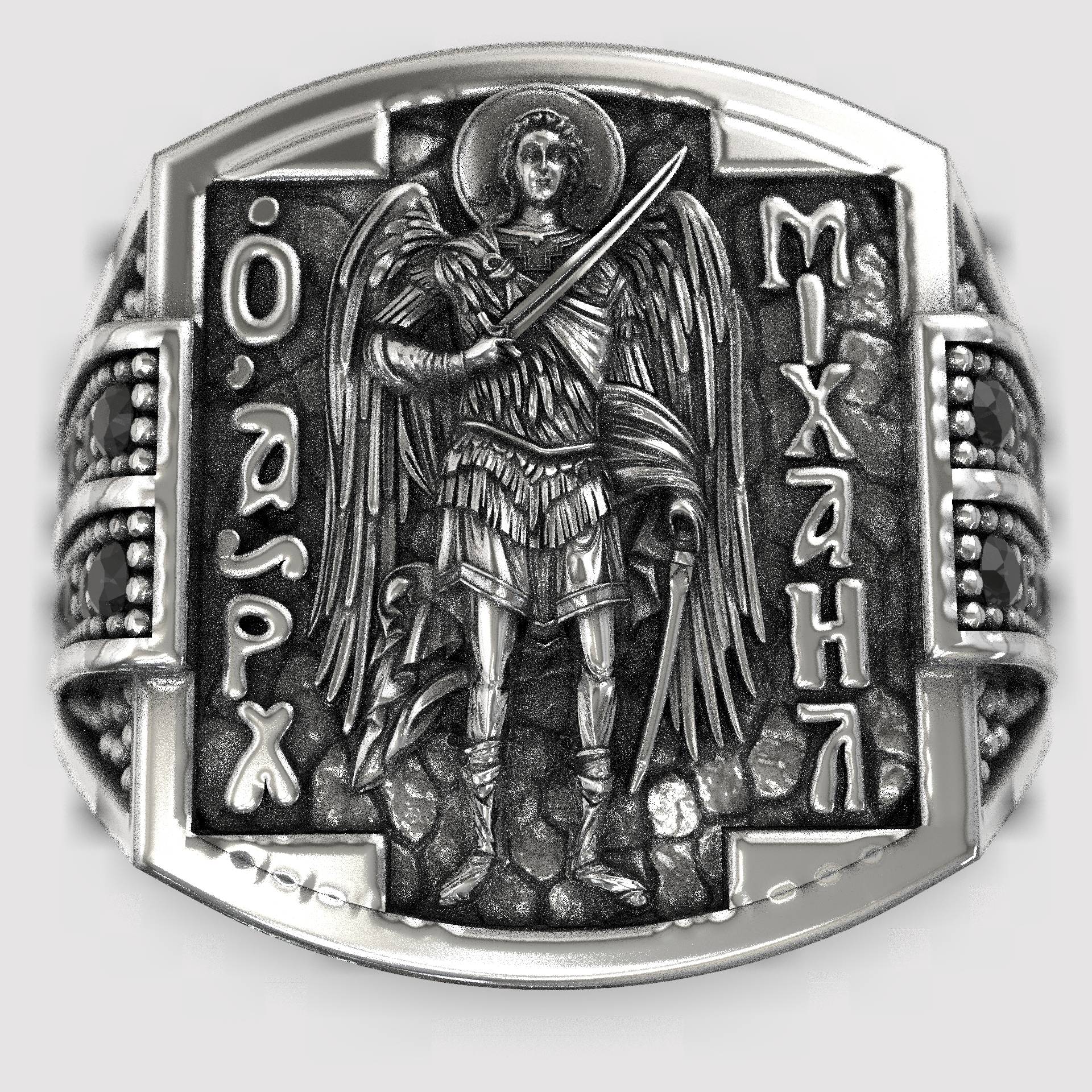Guardian Angel Ring – Black Stone & Silver Archangel Ring