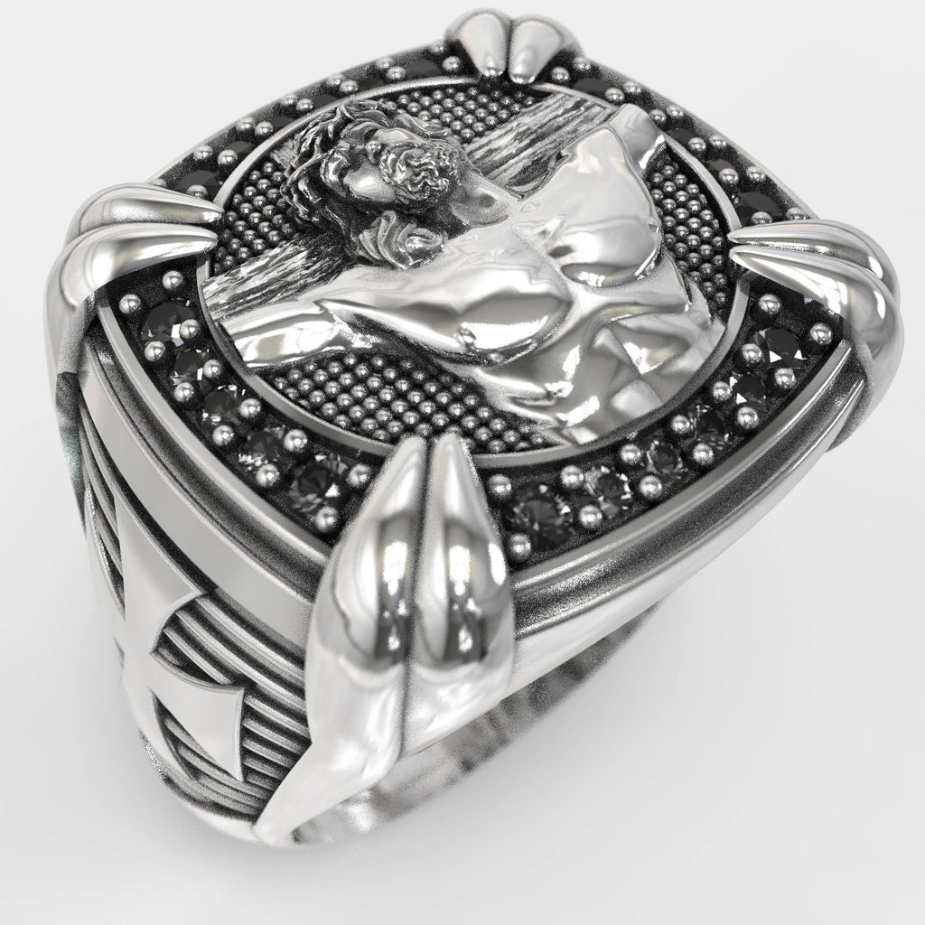 Men's Jesus Christ & Black Zircon Silver Signet Ring