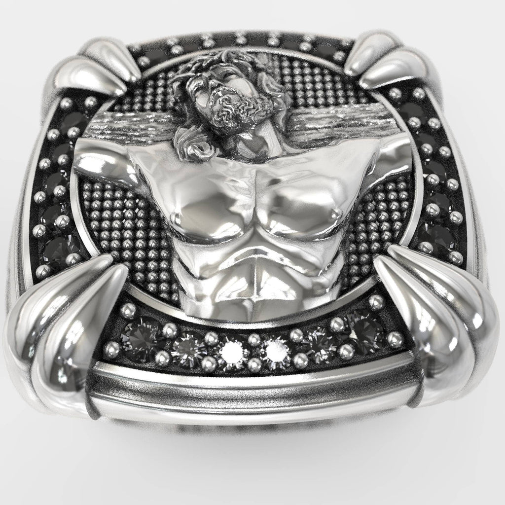 Men's Jesus Christ & Black Zircon Silver Signet Ring