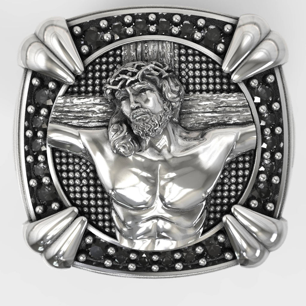 Men's Jesus Christ & Black Zircon Silver Signet Ring