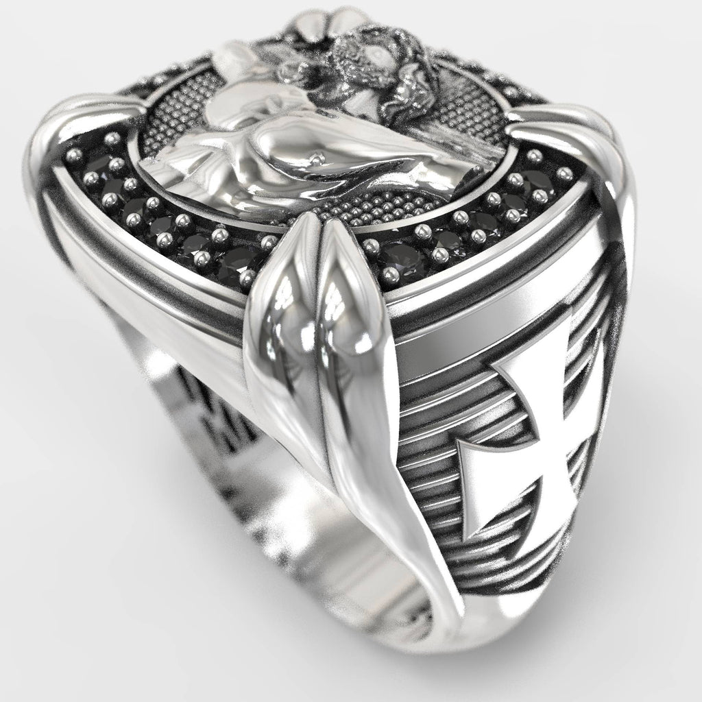 Men's Jesus Christ & Black Zircon Silver Signet Ring