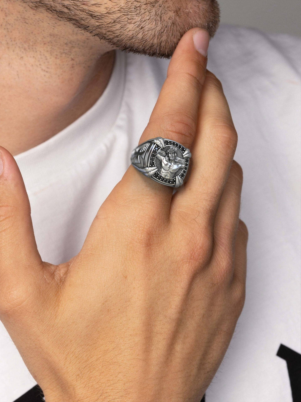 Men's Jesus Christ & Black Zircon Silver Signet Ring