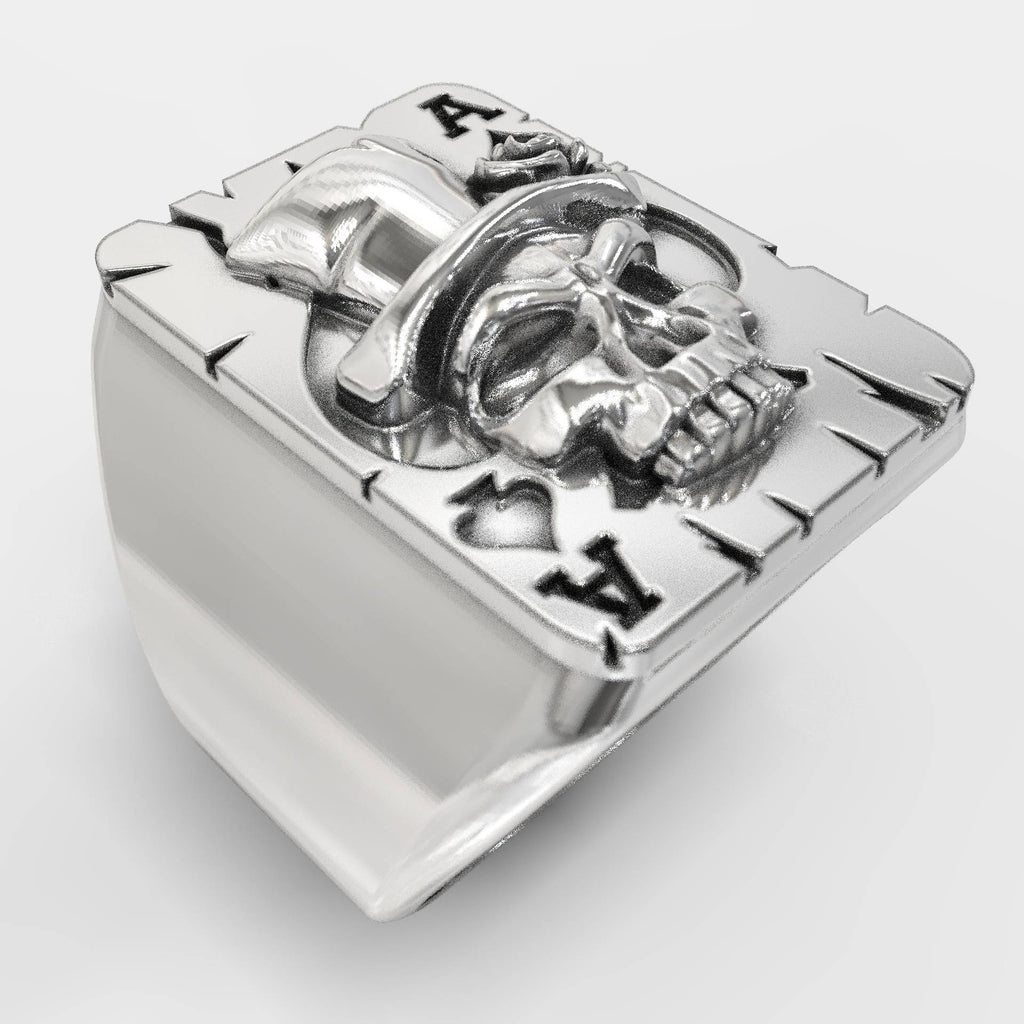 Ace of Spades Signet Skull Biker Ring