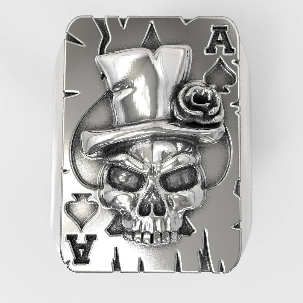 Ace of Spades Signet Skull Biker Ring