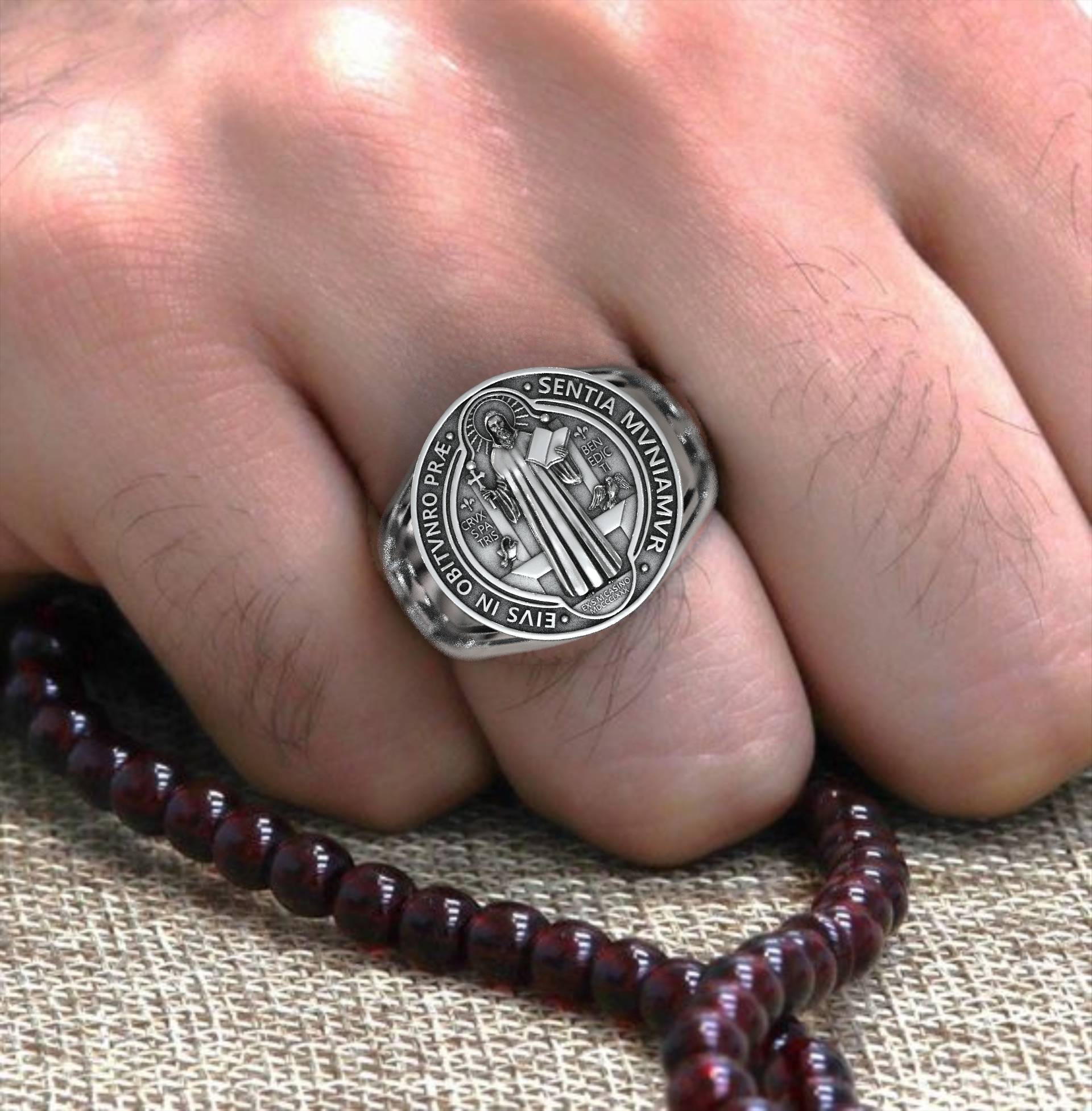 Luxury Men's Sterling Silver Saint Benedict Ring | Spiritual Gift for Him