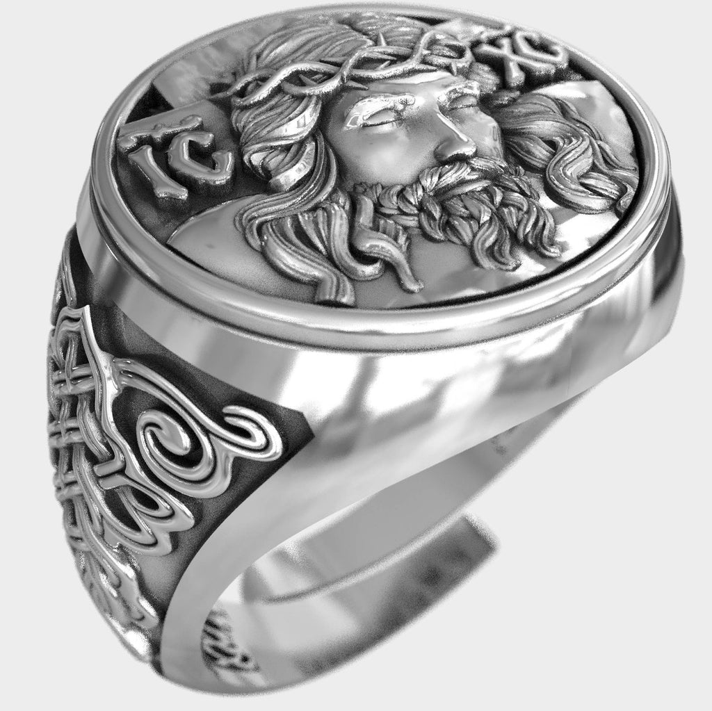Religious Jesus Mens Jewelr Adjustable Silver Signet Ring