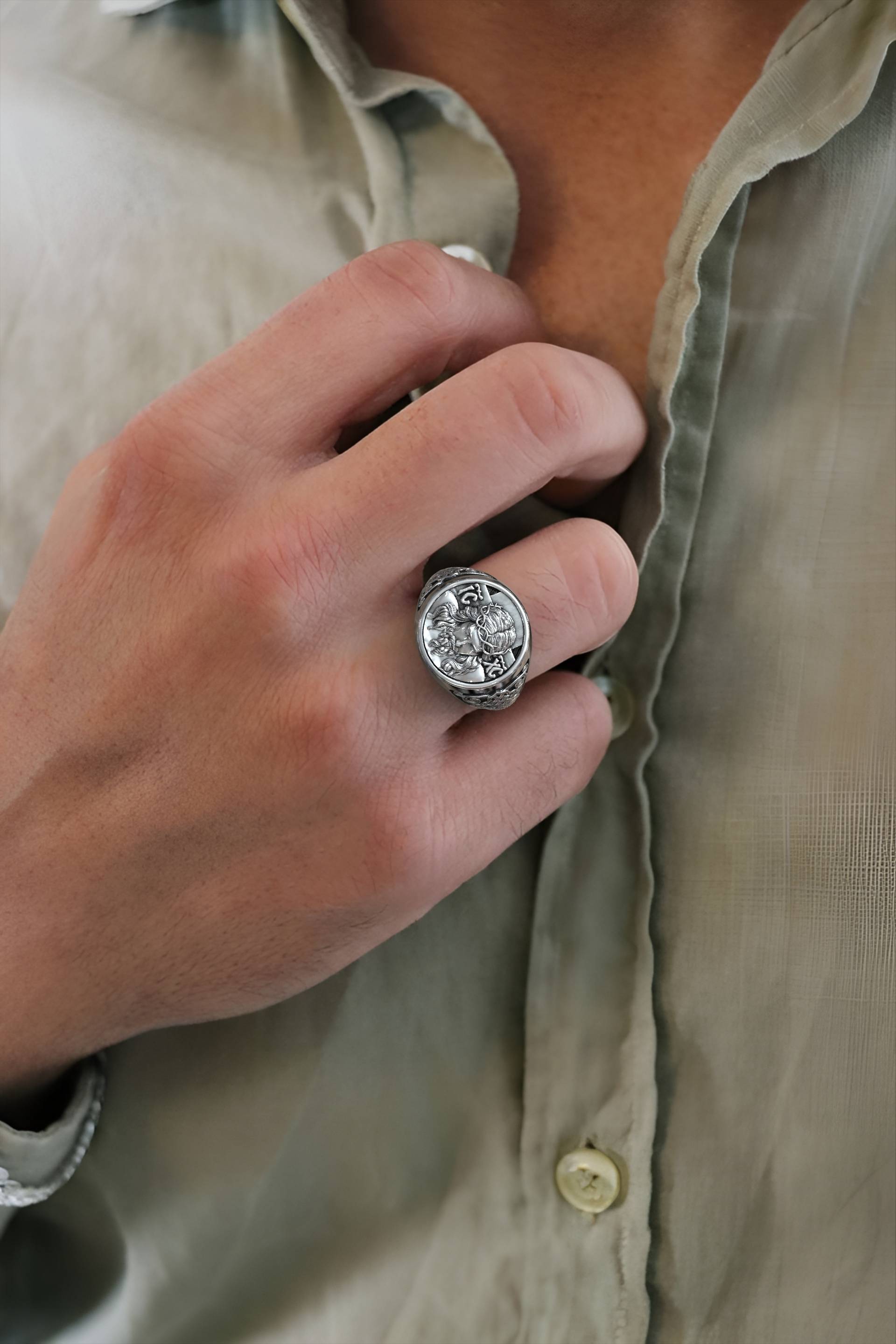 Religious Jesus Mens Jewelr Adjustable Silver Signet Ring