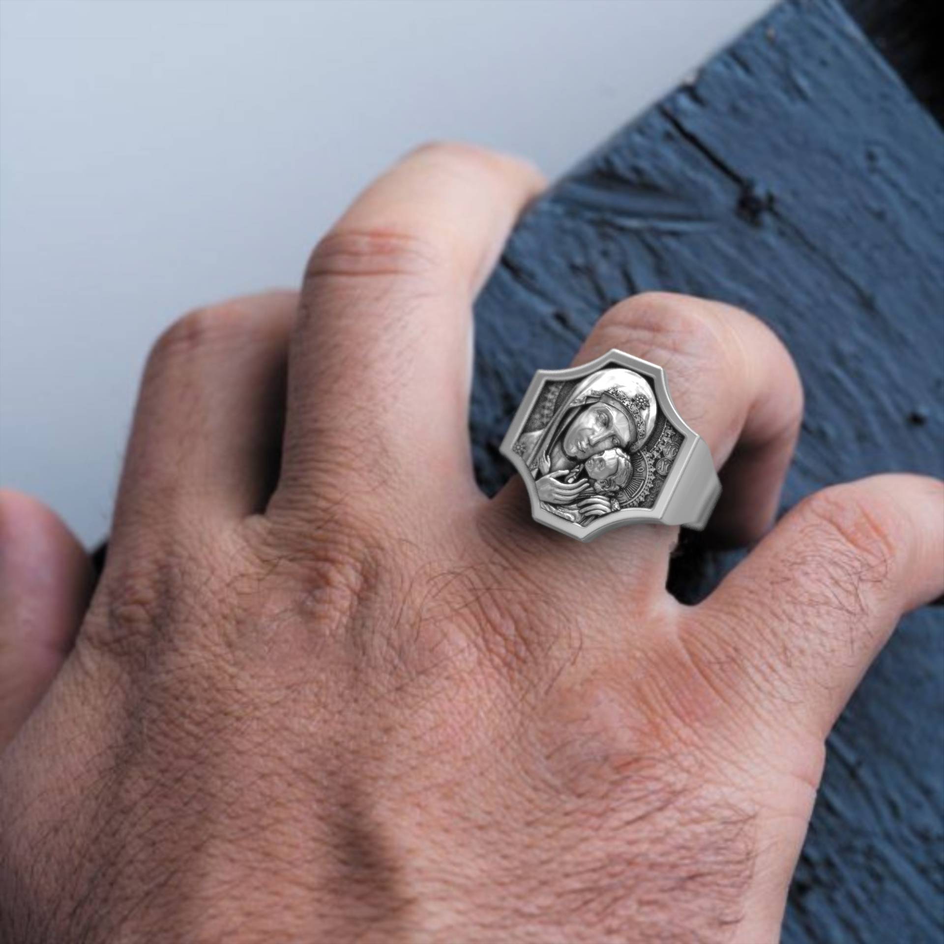 Men's Handcrafted Virgin Mary & Jesus Ring