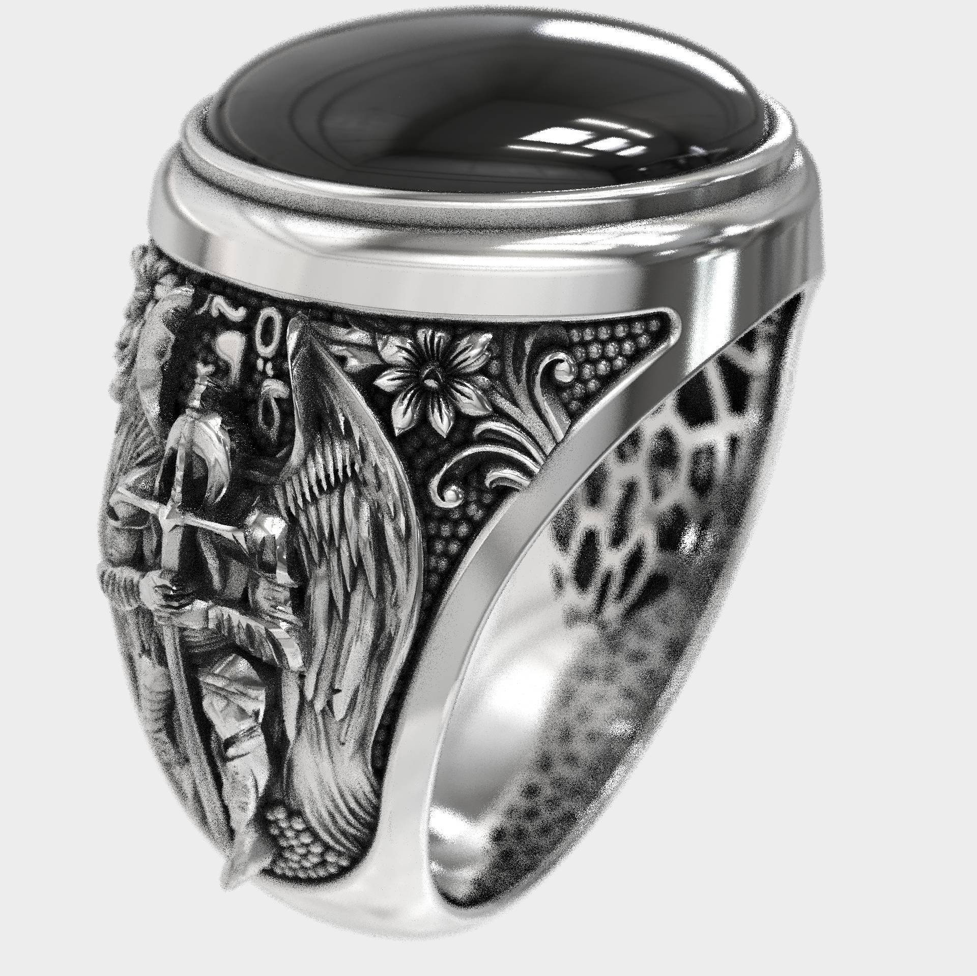 Silver Archangel Michael  Guardian Angel Onyx Ring
