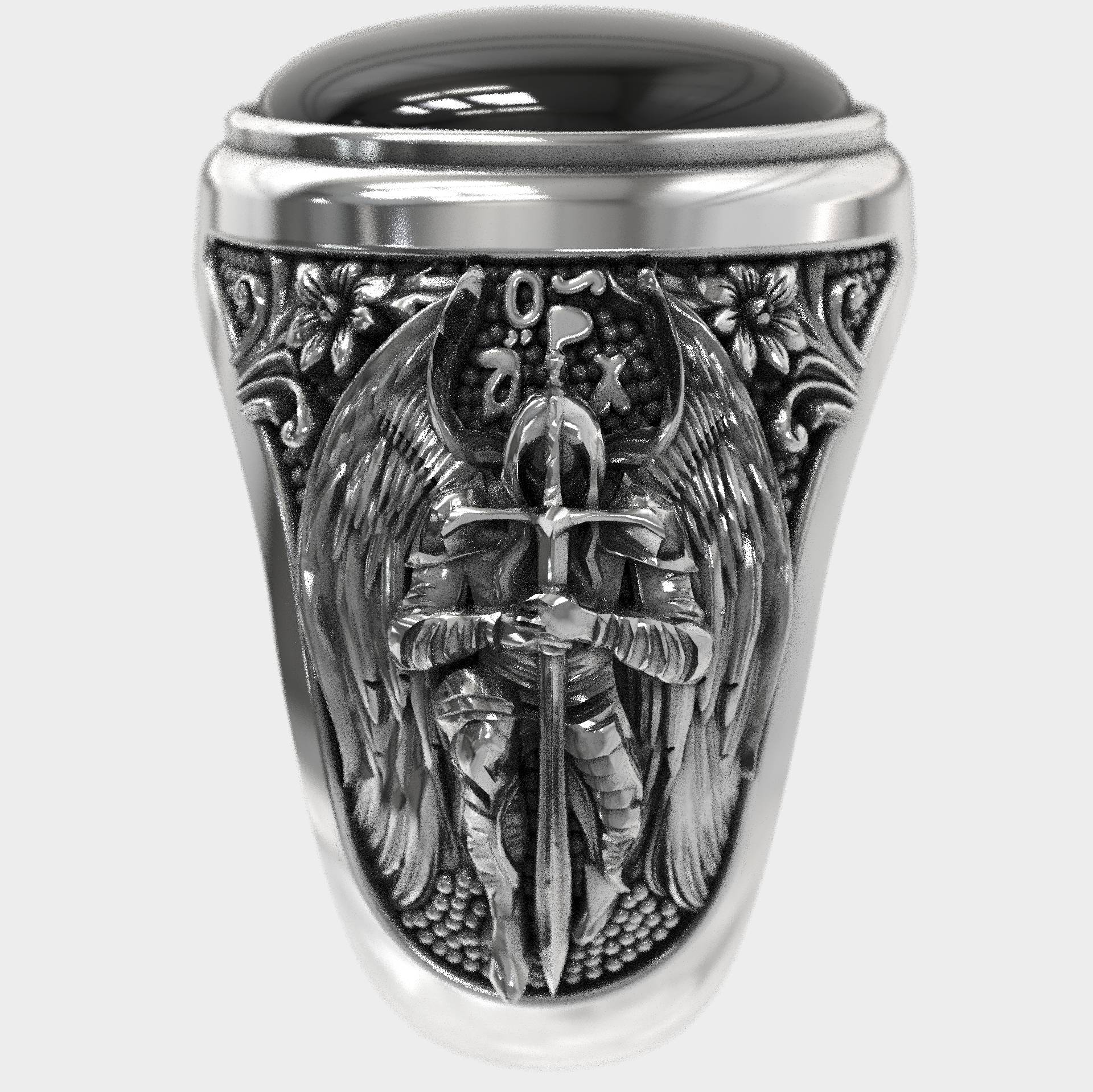 Silver Archangel Michael  Guardian Angel Onyx Ring
