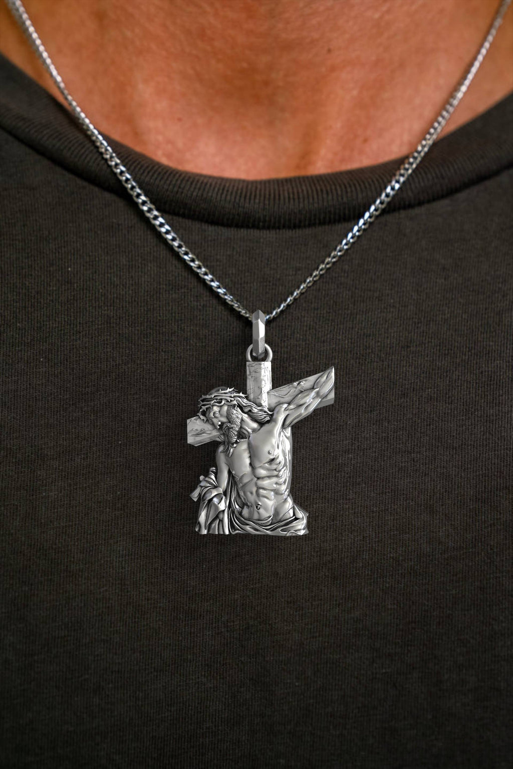 Elegant Men's Silver Jesus Cross Pendant Necklace