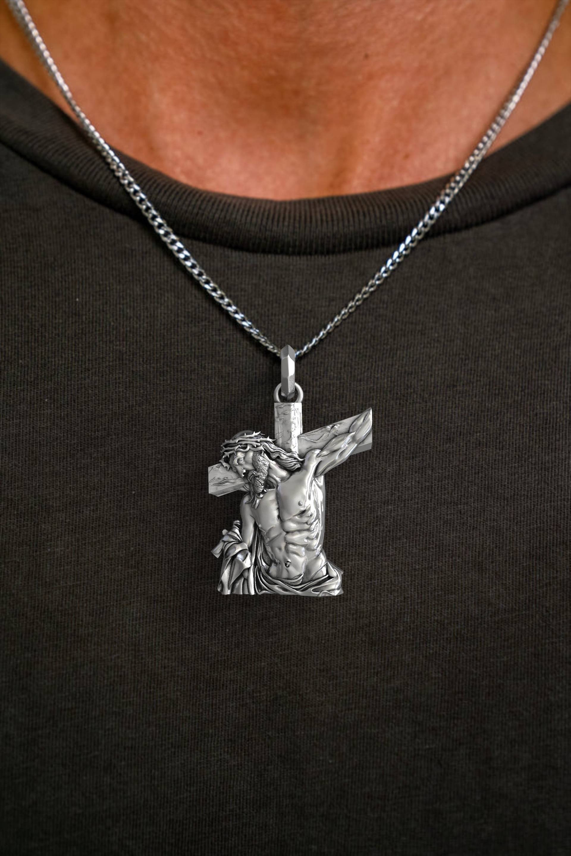 Elegant Men's Silver Jesus Cross Pendant Necklace