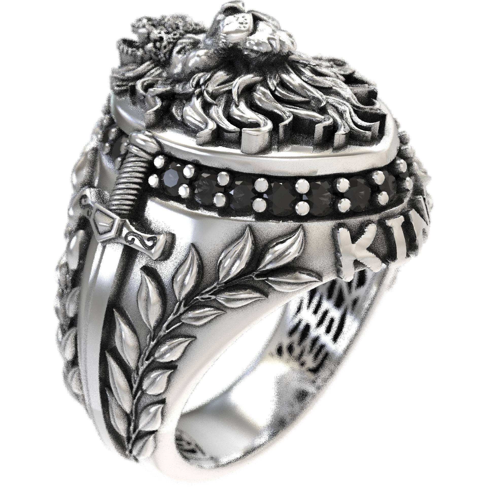 Majestic Mens Lion Ring with Swords & Black Diamonds