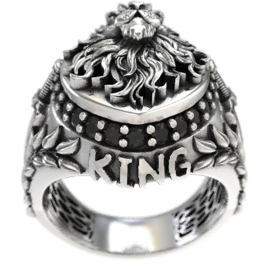 Majestic Mens Lion Ring with Swords & Black Diamonds
